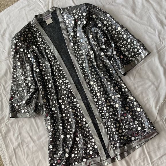 Vintage 1980s 1990s Glitzy Silver Pullover Long Duster Cardigan Disco Top Small - Picture 2 of 12